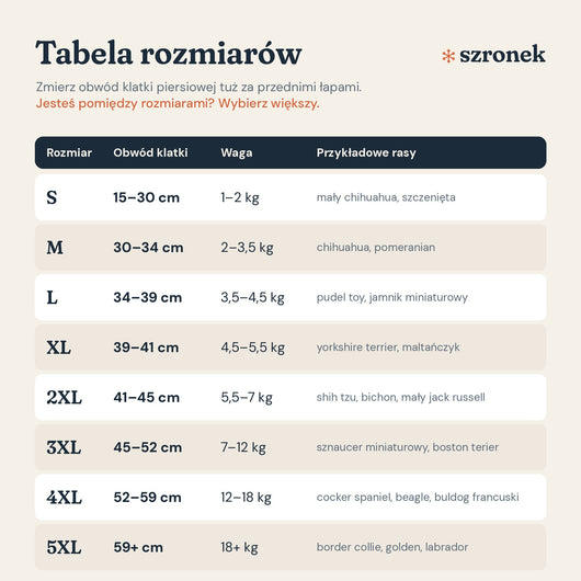 Tabela rozmiarów kurtki Szronek